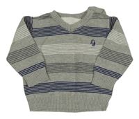 Šedo-tmavomodro/šedo-bílý pruhovaný melírovaný svetr s s písmenky C&A