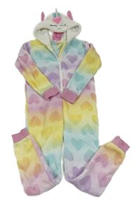 Barevno-růžová plyšová kombinéza se srdíčky a kapucí - jednorožec Kiki&Koko