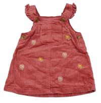 Jahodové manšestrové šaty s kytičkami a kapsou a volánky Nutmeg