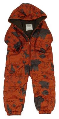 Rezavá prošívaná šusťáková zimní kombinéza se zvířátky a žaludy a kapucí Matalan