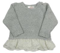 Světlešedo-černý melírovaný svetr s bílým krajkovým volánkem early days