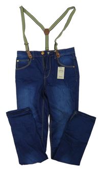 Nové - tmavomodré slim rifle s kšandami Denim Co.