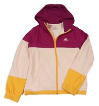 Světlerůžovo-vínovo-tmavožlutá fleecovo/šusťáková propínací mikina s kapucí Adidas