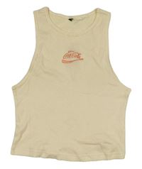 Krémový žebrovaný crop top s nápisem - Coca Cola