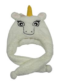 Bílá chlupatá čepice se šálou - jednorožec