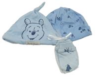 3set - Světlemodrá bavlněná čepice s Púem + s obrázky + rukavičky s králíky
