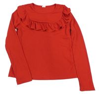 Červené žebrované triko s volánem Shein