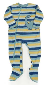 Světlemodro-žluto-tmavomodrý pruhovaný fleecový overal s dinosaurem Dunnes