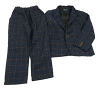 2set - Tmavomodro-hnědé kostkované slavnostní sako + chino kalhoty