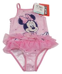 Nové - Světlerůžové jednodílné plavky se srdíčky a Minnie Disney