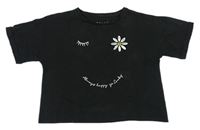 Černé crop tričko s nápisem a výšivkou květu F&F