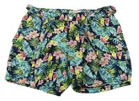 Tmavomodro-zeleno-žluté plátěné kraťasy s papoušky a páskem zn. H&M