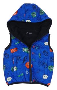 Tmavomodrá šusťáková zateplená vesta s obrázky a kapucí 