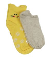 2x ponožky - žluté s kočkou + smetanové žebrované 