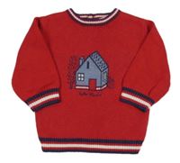 Červený vlněný svetr s domečkem 