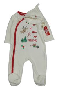 Nové - 2set - Bílo-červené sametové body s nápisem a Santou + čepice Dunnes