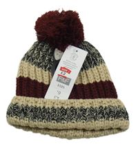 Nové - Vínovo-smetanovo-tmavomodrá čepice s bambulí F&F