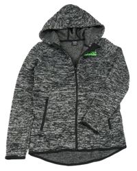 Černo-bílá melírovaná pletená propínací mikina s nápisem a kapucí Y.F.K.