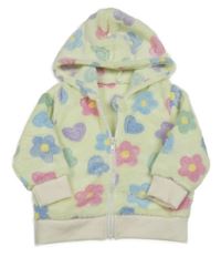 Světležluto-barevná propínací plyšová květovaná mikina s kapucí 