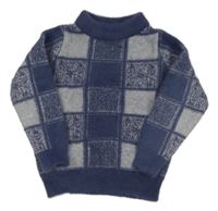 Šedo-tmavomodrý kostkovaný svetr 