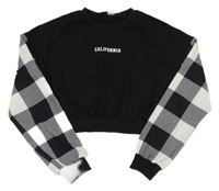 Černo-bílá crop mikina s nápisem a kostkovanými rukávy Shein