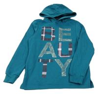 Petrolejová mikina s nápisem a kapucí Y.F.K.