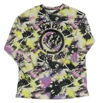 Černo-fialovo-žluté batikované triko s nápisy a smajlíkem Next