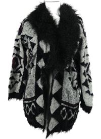 Dámský černo-šedo-vínový chlupatý svetrový cardigán s kožíškem Firetrap 