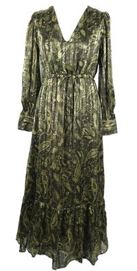 Dámské khaki-béžové vzorované saténové midi šaty Primark 