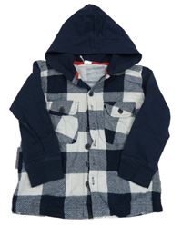 Bílo-tmavomodrá kostkovaná flanelovo/tepláková košile s kapucí 