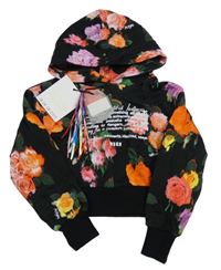 Nové - Černá květinová crop mikina s nápisem a kapucí 