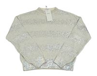 Nové - Smetanovo-stříbrný pruhovaný melírovaný ažurový crop svetr M&S