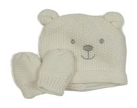 2set - Bílá podšitá čepice s medvídkem + rukavice George