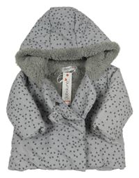 Nové - Šedá šusťáková zimní bunda se srdíčky a kapucí s kožešinou 