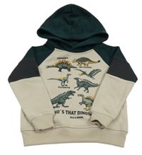 Béžovo-tmavozelená mikina s dinosaury a kapucí zn. Dopodopo