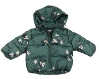 Tmavozelená šusťáková prošívaná zimní bunda s Mickeym a odepínací kapucí H&M