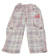 Bílo-růžovo-modré kostkované plátěné crop kalhoty s kapsami DopoDopo