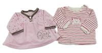 2x - Světlerůžová + bílo-růžová pruhovaná sametová mikina se zvířátky 