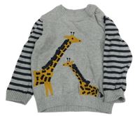 Šedý svetr se žirafami a pruhovanými rukávy John Lewis