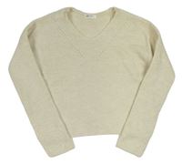 Smetanový melírovaný žebrovaný vlněný oversize crop svetr H&M
