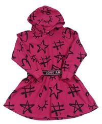 Tmavorůžové teplákové šaty s obrázky a kapucí Club Pink