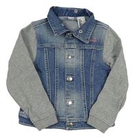 Modrá riflová crop bunda s Minnie a šedými teplákovými rukávy H&M