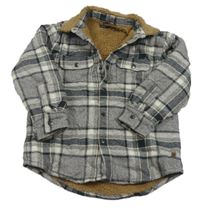 Šedo-tmavomodro-bílo-béžová kostkovaná vzorovaná melírovaná zateplená košilová bunda Next