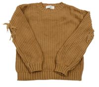 Hnědý žebrovaný svetr s třásněmi H&M