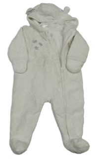 Bílá vzorovaná plyšová podšitá kombinéza se stříbrnými obrázky a kapucí s oušky Ergee