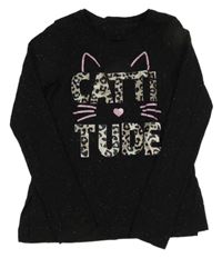 Černé melírované triko s kočičkou a nápisy C&A