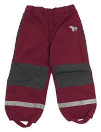 Vínovo-tmavošedé šusťákové šusťákové nepromokavé podšité kalhoty s jednorožcem Topolino