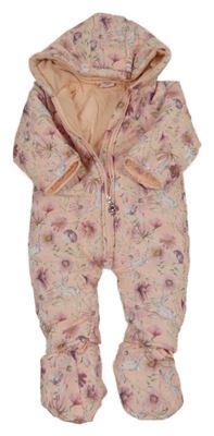 Světlerůžová šusťáková zimní kombinéza se zvířátky a kytičkami a kapucí + capáčky Just too Cute