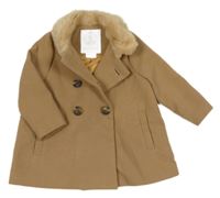 Hnědý flaušový podšitý kabát s kožešinovým límečkem F&F