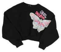 Černá oversize crop mikina s motýlkem s flitry a nápisy PRIMARK